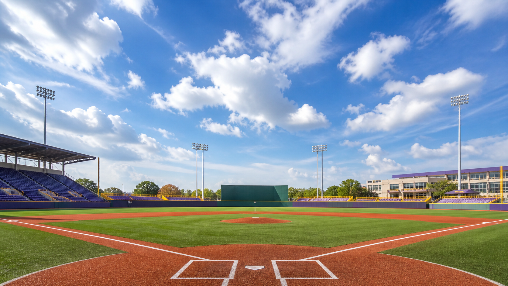 Bright spring baseball stadium beneath a blue Louisiana sky