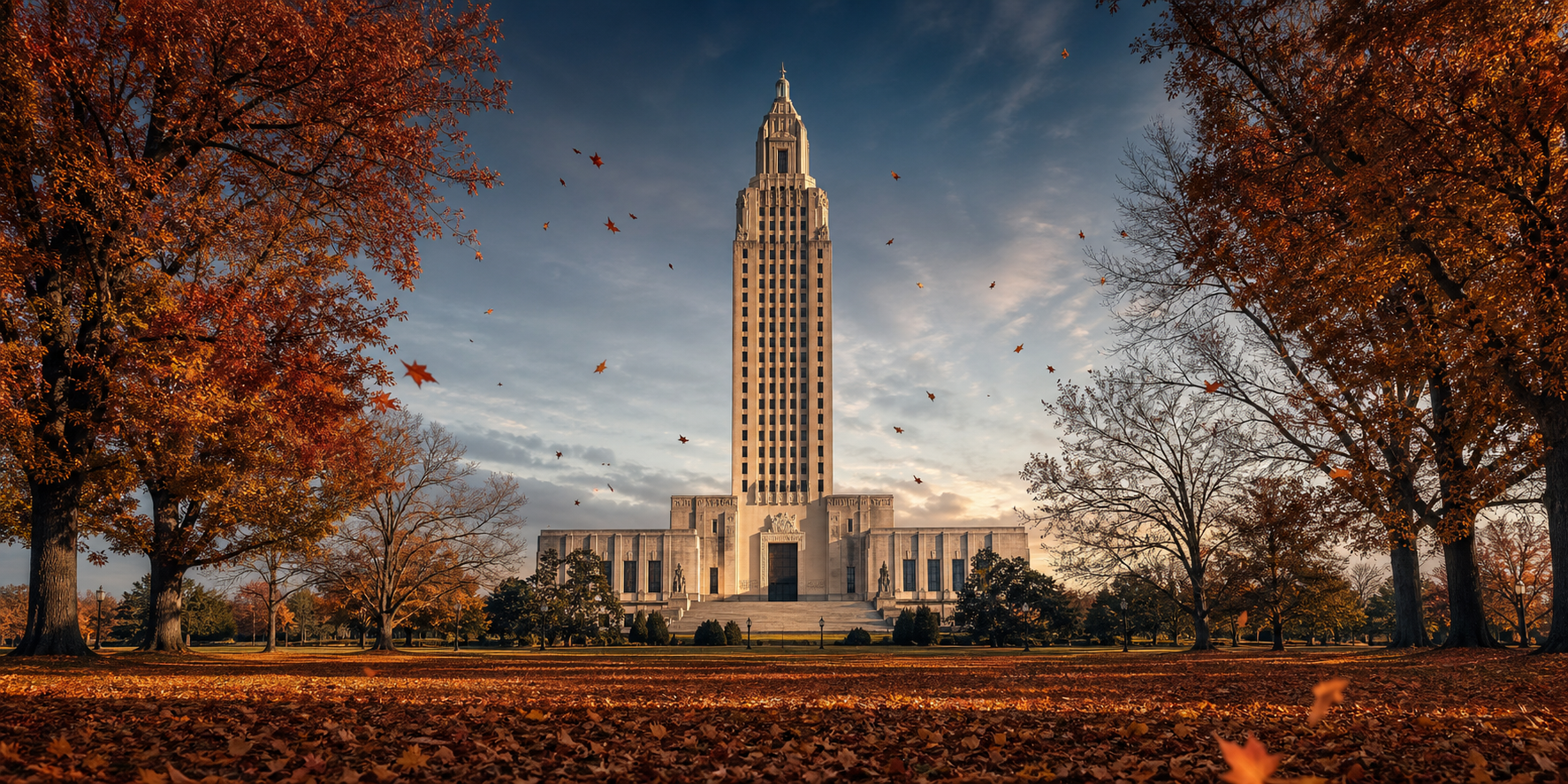 Louisiana State Capitol centered between fall trees in an early-winter landscape