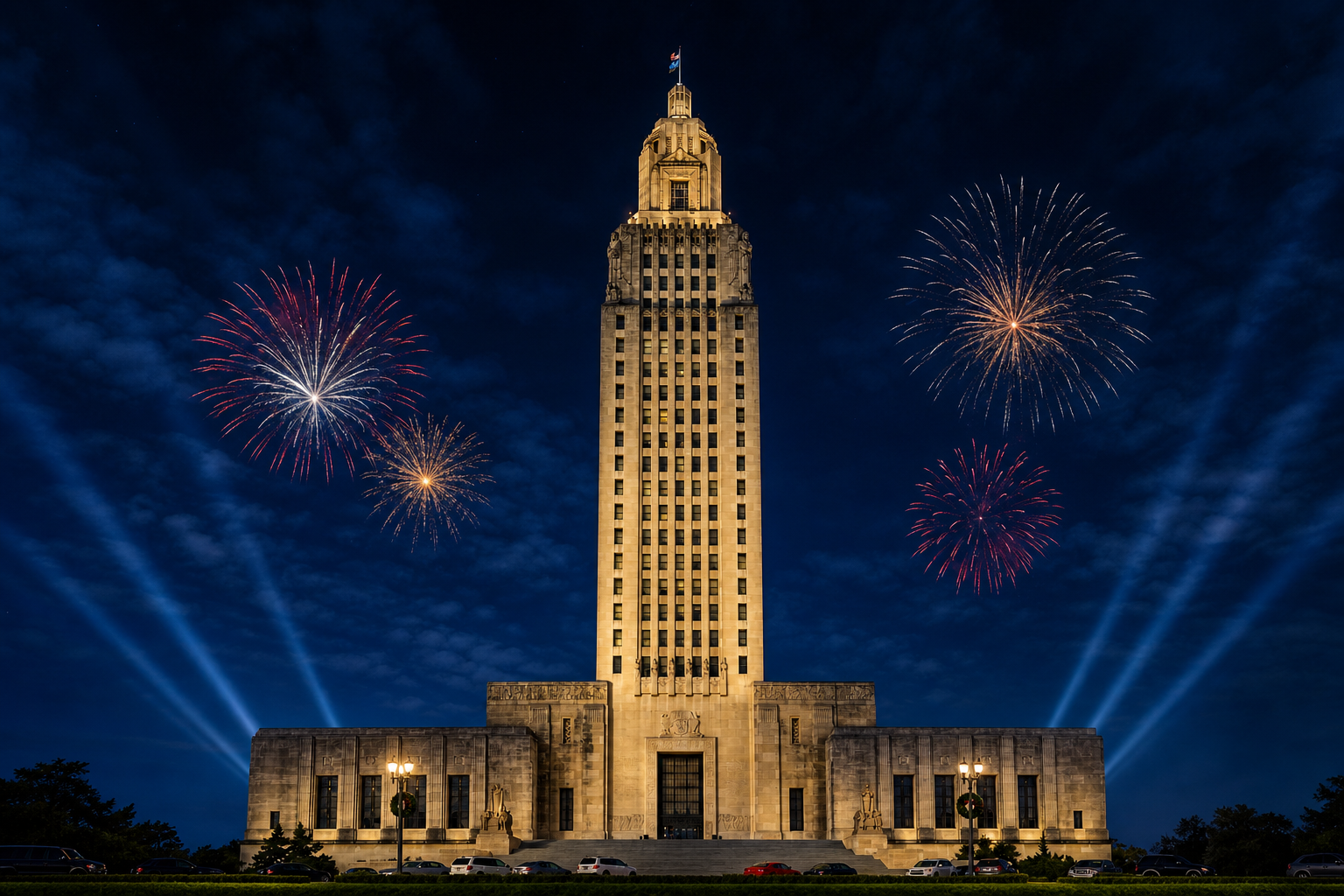 Louisiana State Capitol illuminated beneath a dark nighttime sky with fireworks