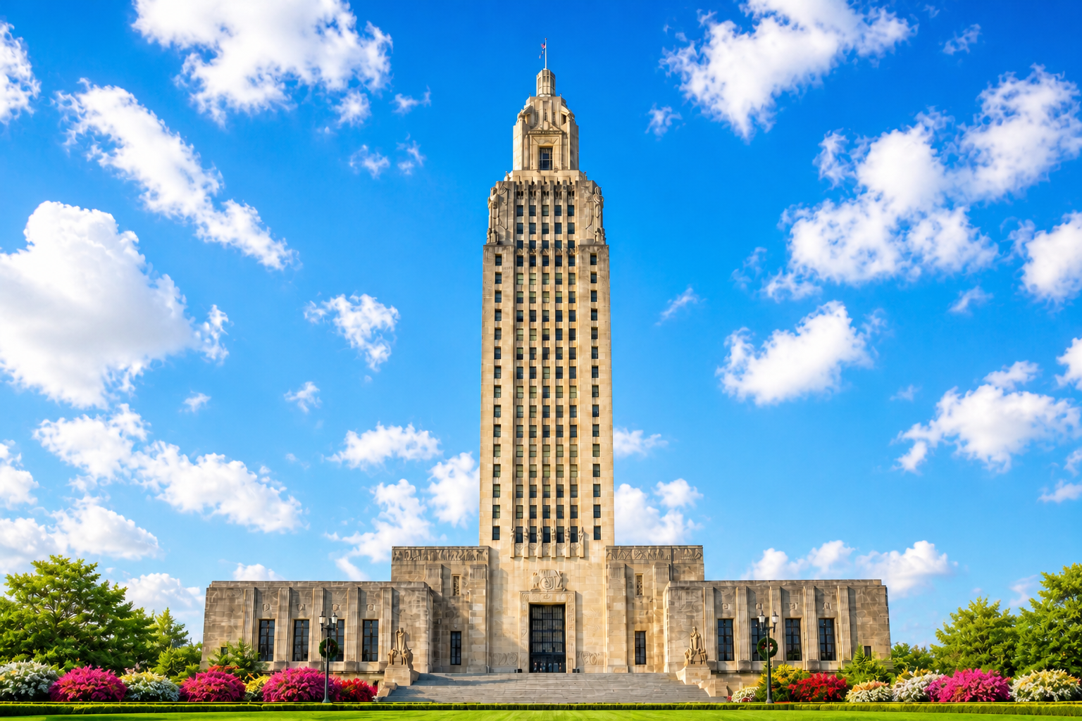 Louisiana State Capitol surrounded by colorful spring flowers and trees